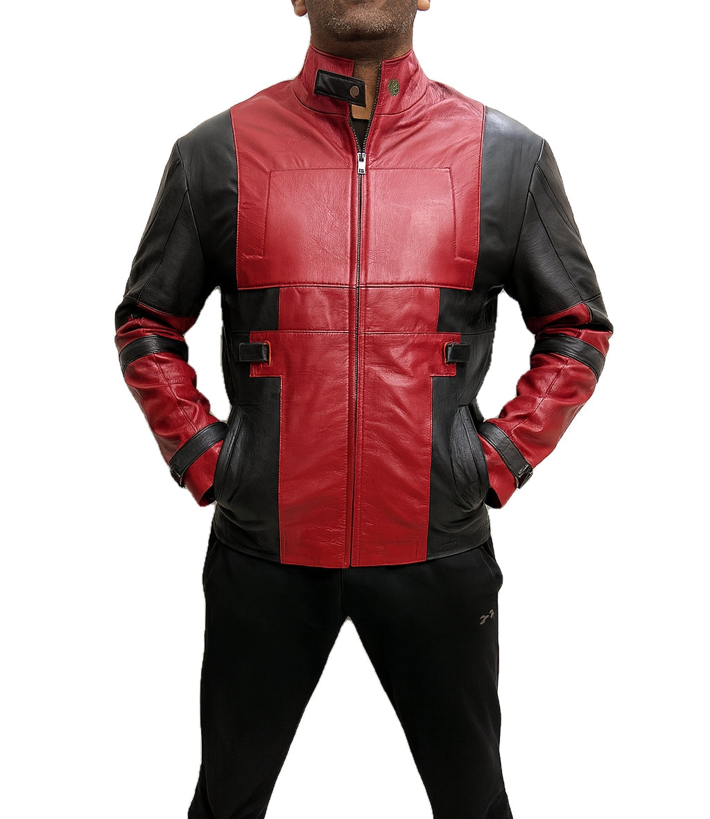 Full-body stance with hands in pockets wearing Deadpool Wade Wilson Ryan Reynolds red/black biker leather jacket, zip closure and strap details