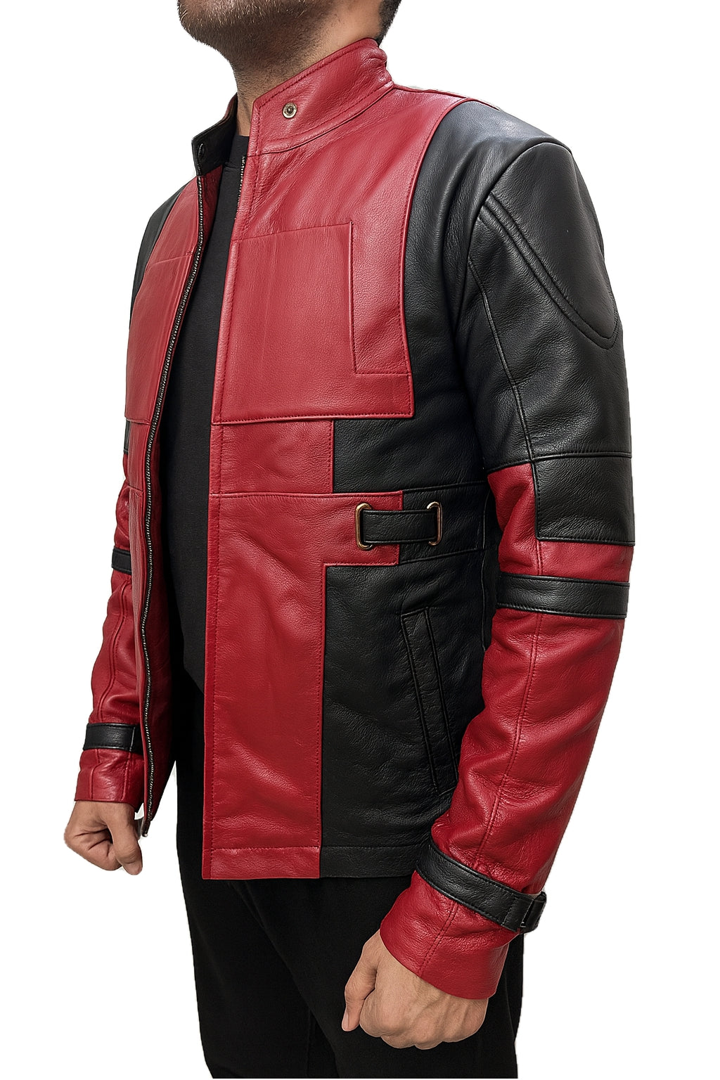 Side profile of Deadpool Wade Wilson red and black real leather motorcycle jacket highlighting pocket, buckle and sleeve straps