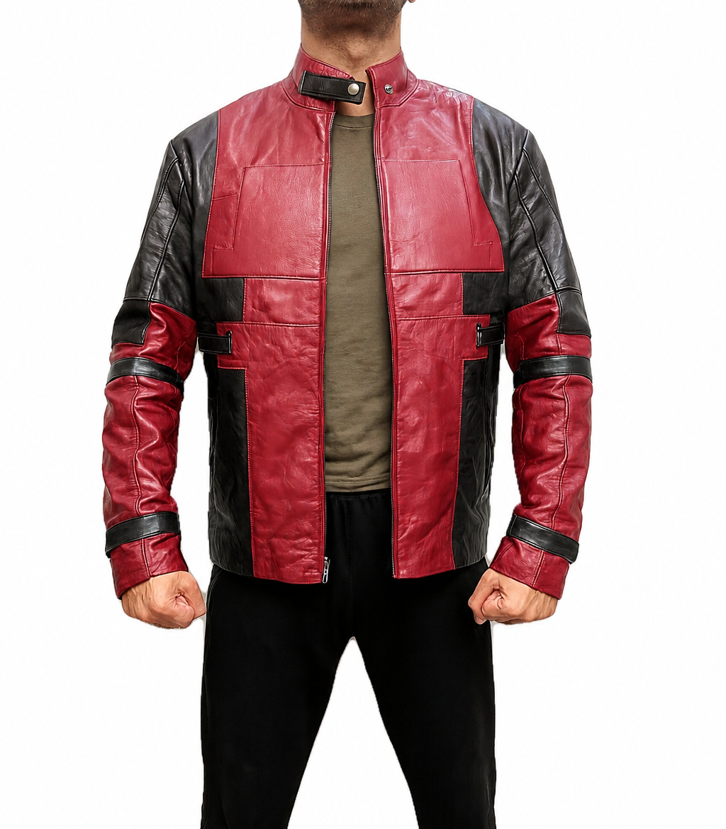 Front full body view of Deadpool Wade Wilson Ryan Reynolds biker real leather jacket in red and black with zip front and strap sleeves on model