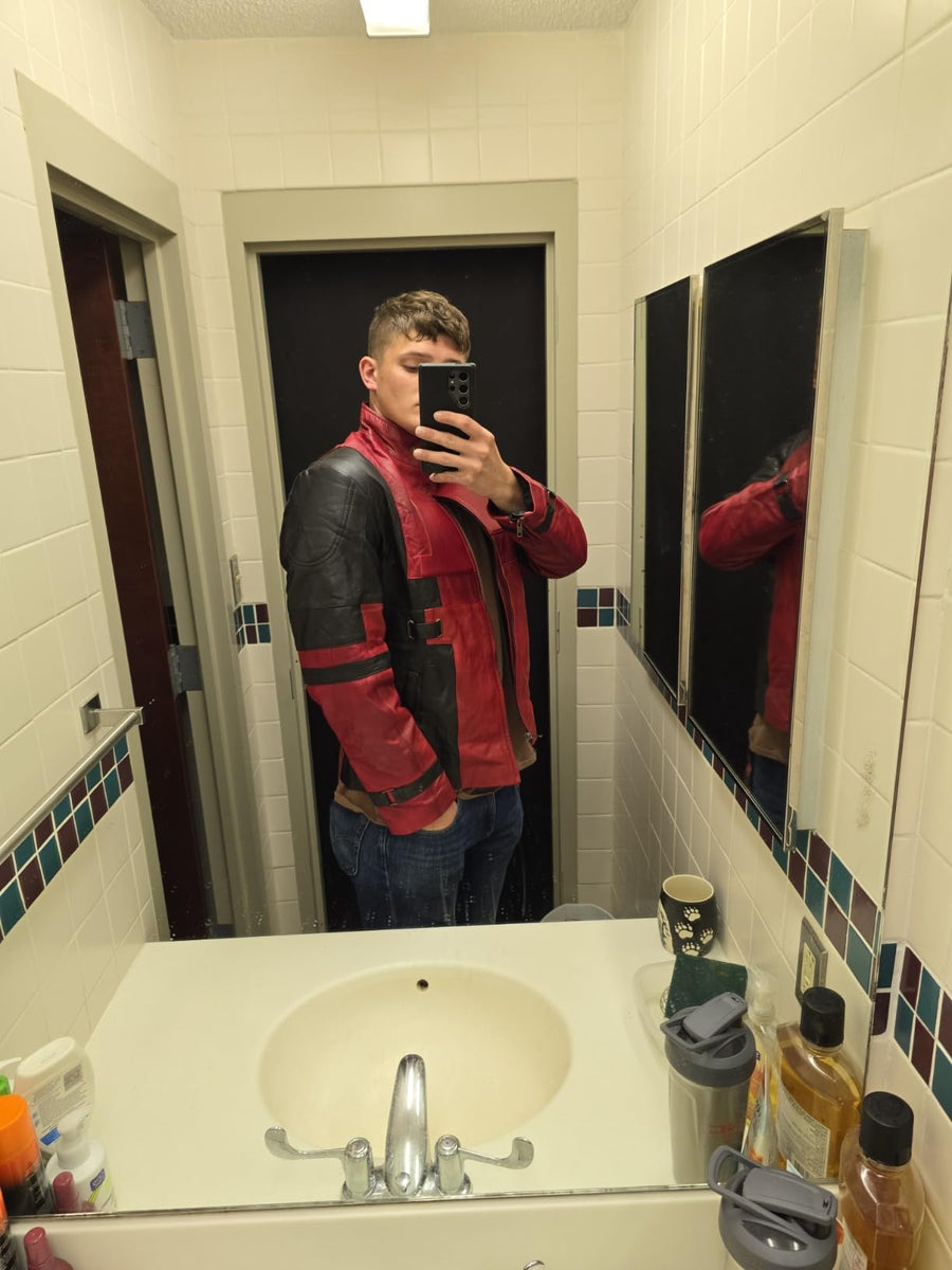 Man wearing Deadpool Wade Wilson Ryan Reynolds inspired red and black moto biker real leather jacket for cosplay and fashion