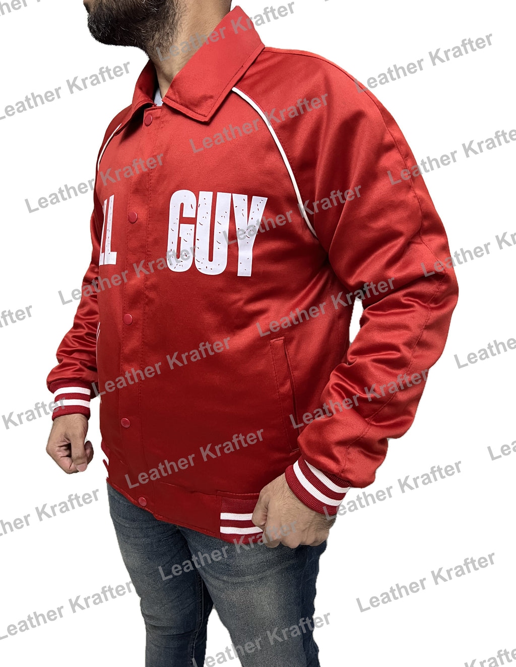 Men’s red Fall Guy bomber jacket inspired by Ryan Gosling – cotton varsity design