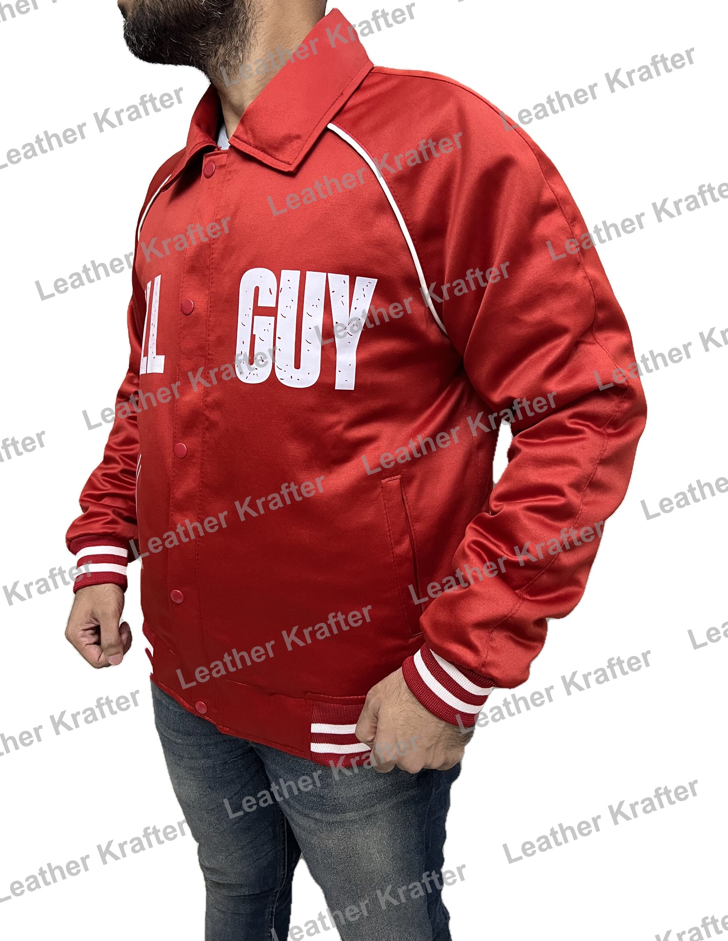 Men’s red Fall Guy bomber jacket inspired by Ryan Gosling – cotton varsity design