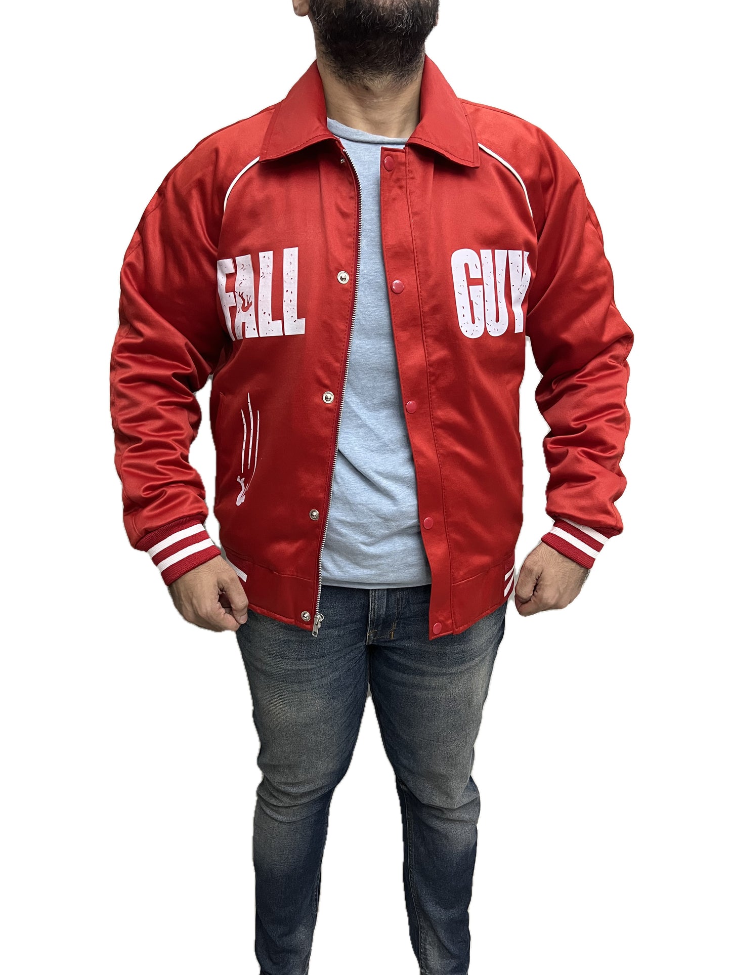 Front open style Ryan Gosling The Fall Guy red bomber jacket with collar and snap buttons