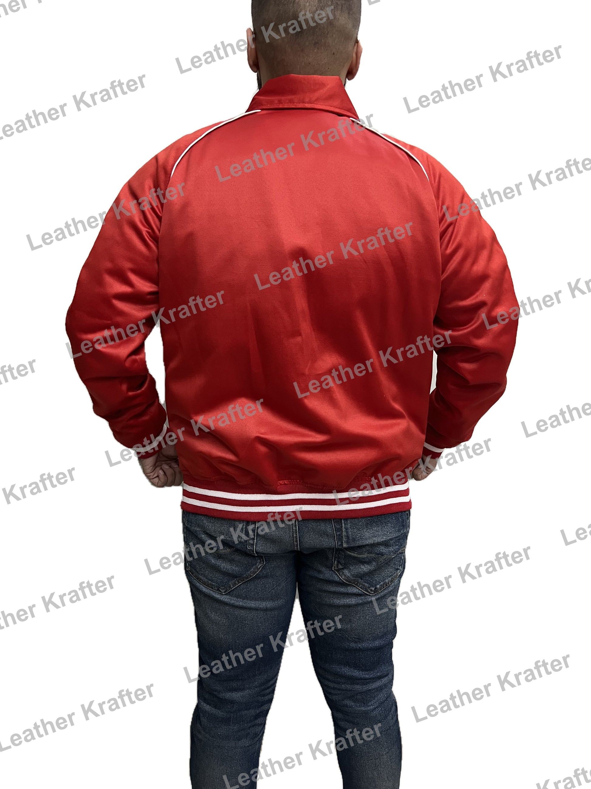 Back view of Ryan Gosling Fall Guy red cotton bomber jacket for men
