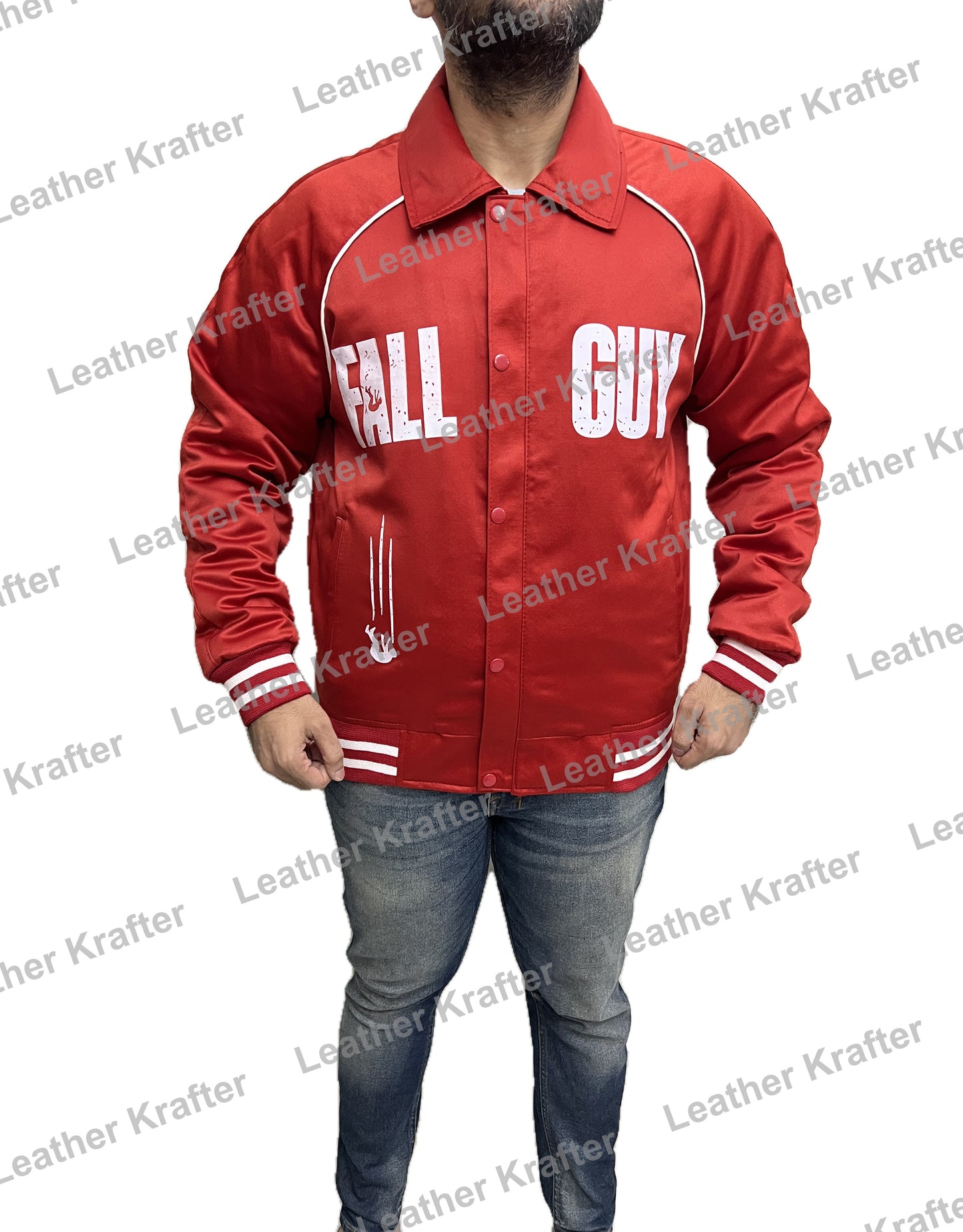Ryan Gosling The Fall Guy red cotton bomber jacket front view men’s collared varsity-style jacket
