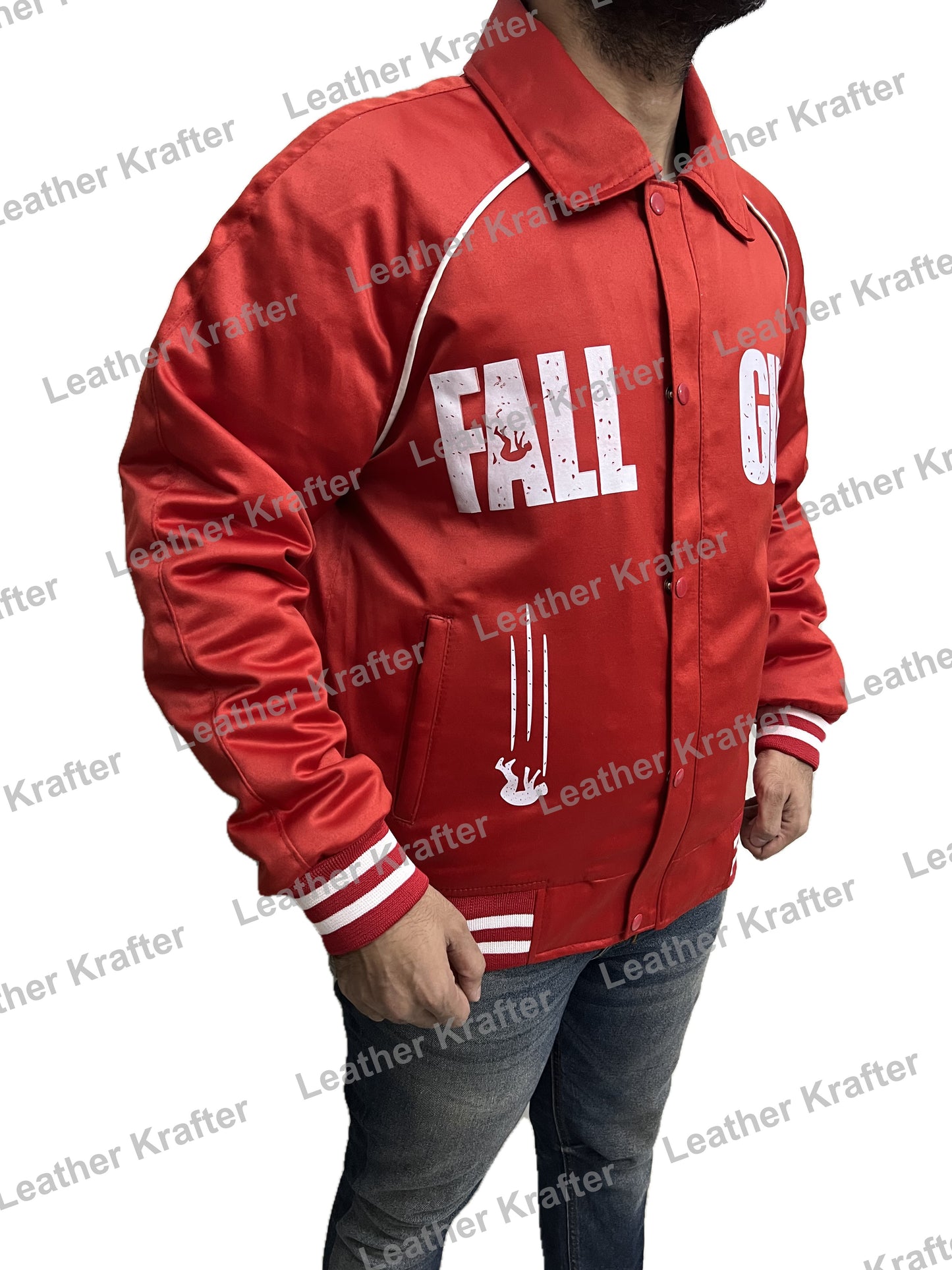 Side view Ryan Gosling The Fall Guy red cotton bomber jacket with Fall Guy print