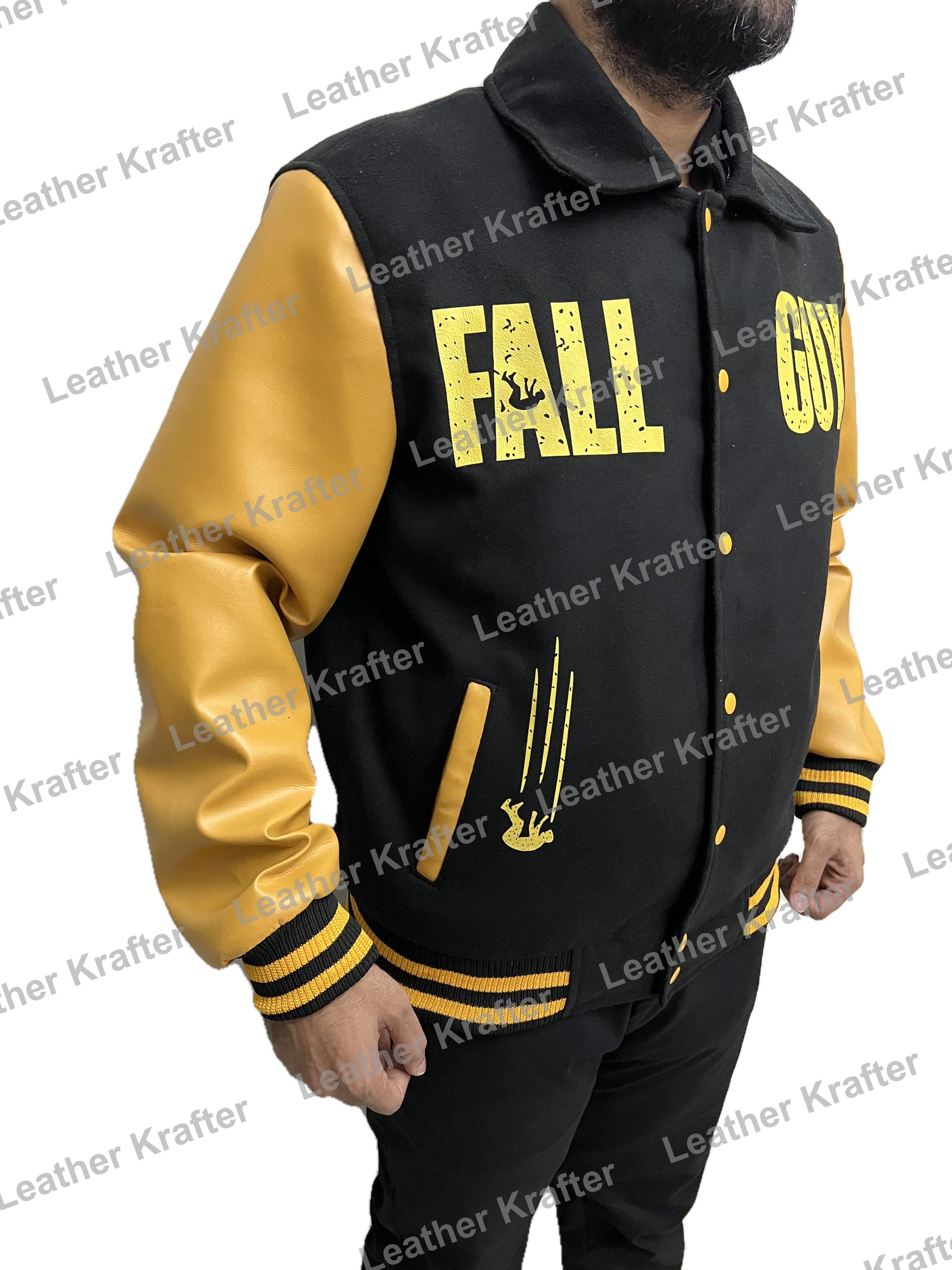 Ryan Gosling Fall Guy black and yellow varsity letterman jacket side angle front design