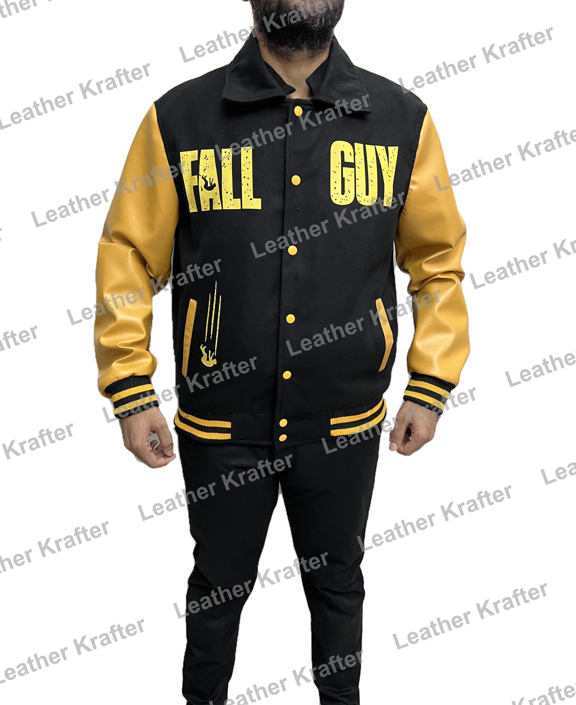 Colt Seavers Fall Guy varsity bomber jacket – full front view with yellow graphics