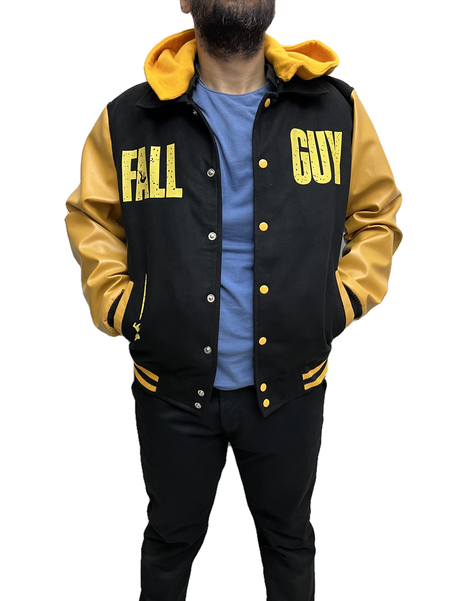 Ryan Gosling Fall Guy varsity wool letterman jacket – front view with hoodie inside