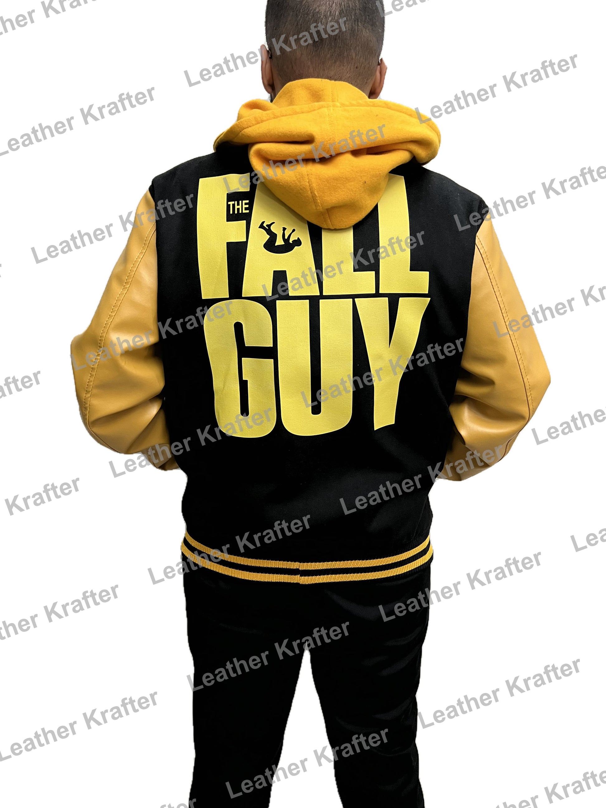 The Fall Guy yellow logo varsity jacket – back view with hooded styling