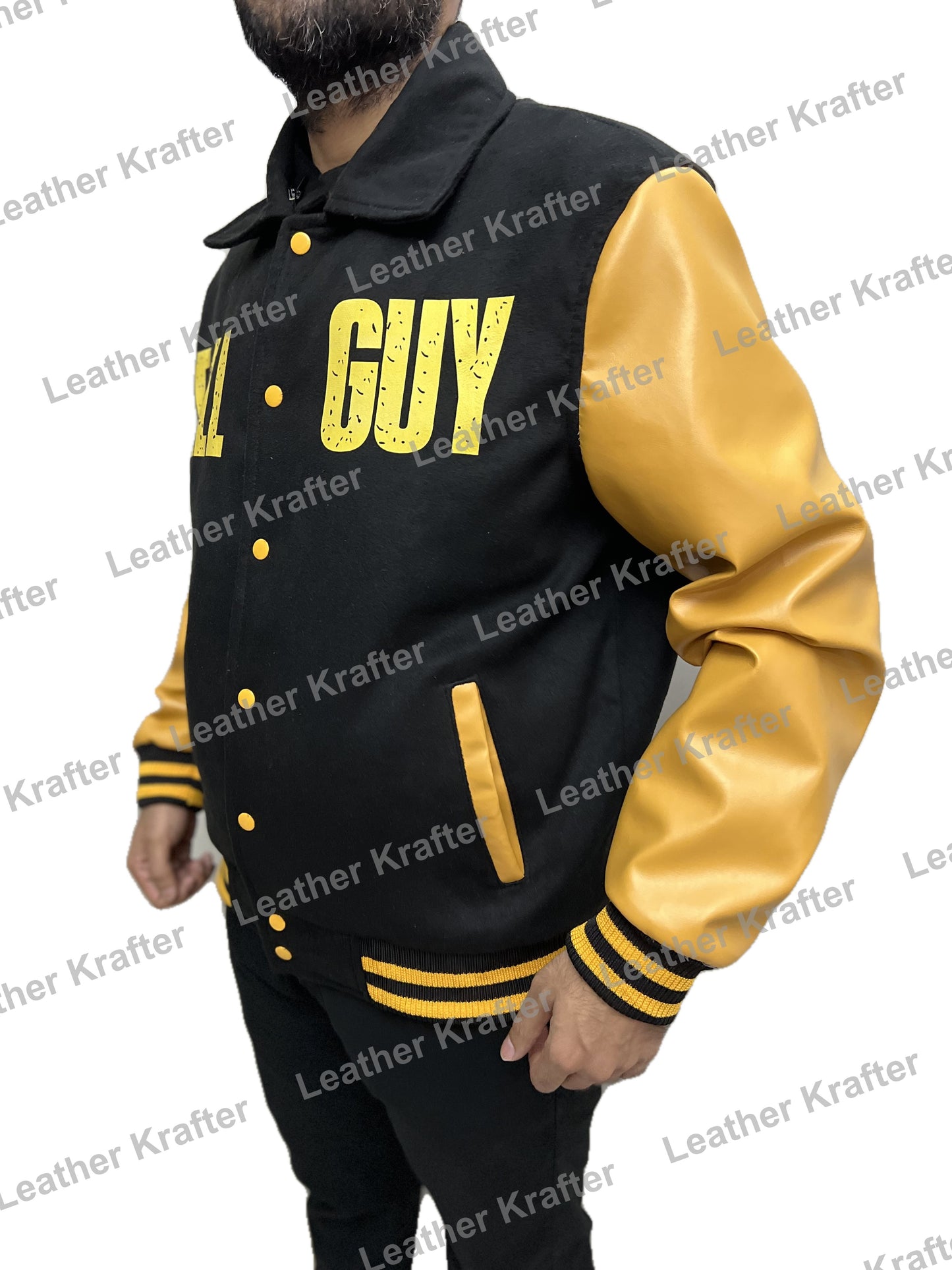 Black and yellow Fall Guy bomber jacket inspired by Ryan Gosling – wool body and leather sleeves