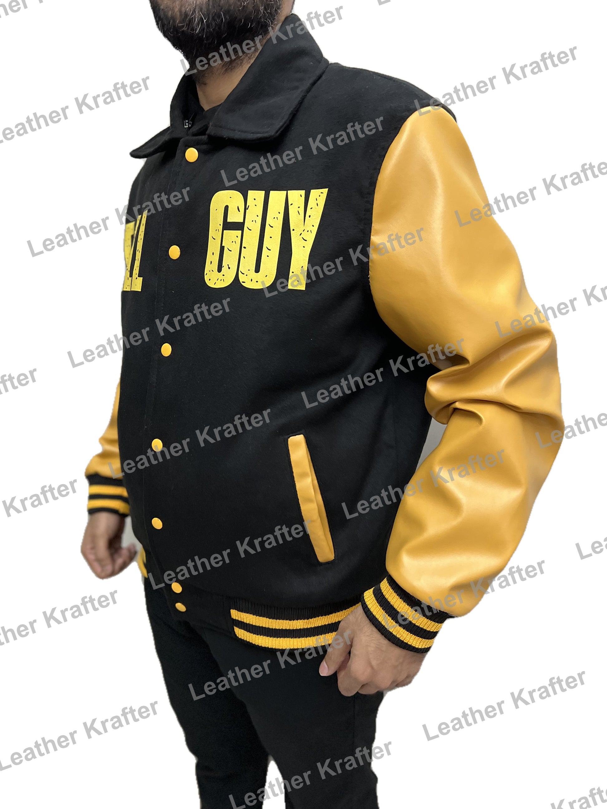 Black and yellow Fall Guy bomber jacket inspired by Ryan Gosling – wool body and leather sleeves