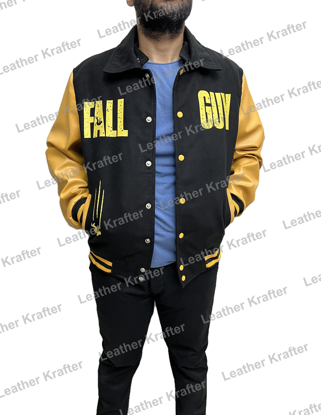 Black and yellow Fall Guy bomber jacket inspired by Ryan Gosling – wool body and leather sleeves