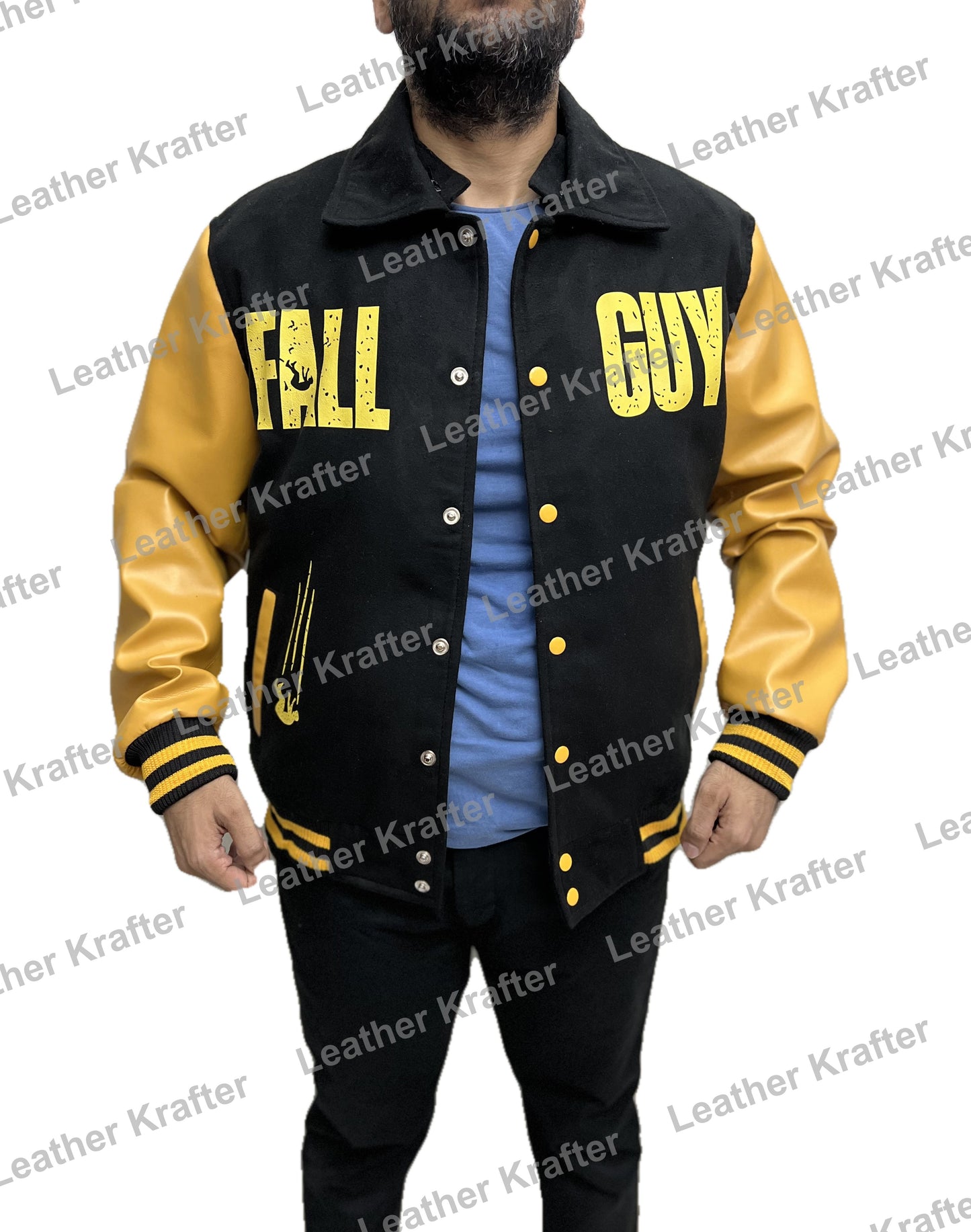 The Fall Guy Ryan Gosling varsity wool jacket – front view with leather sleeves