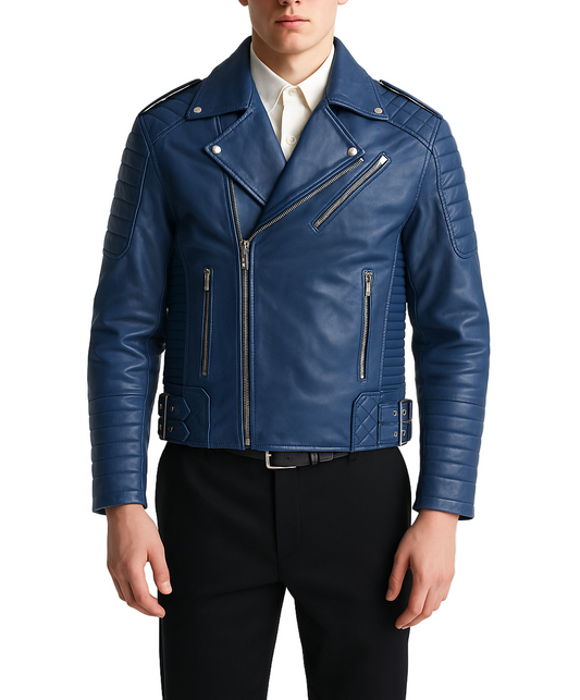 Men's Blue Star Brando Style Motorcycle Distressed Biker Real Leather Jacket