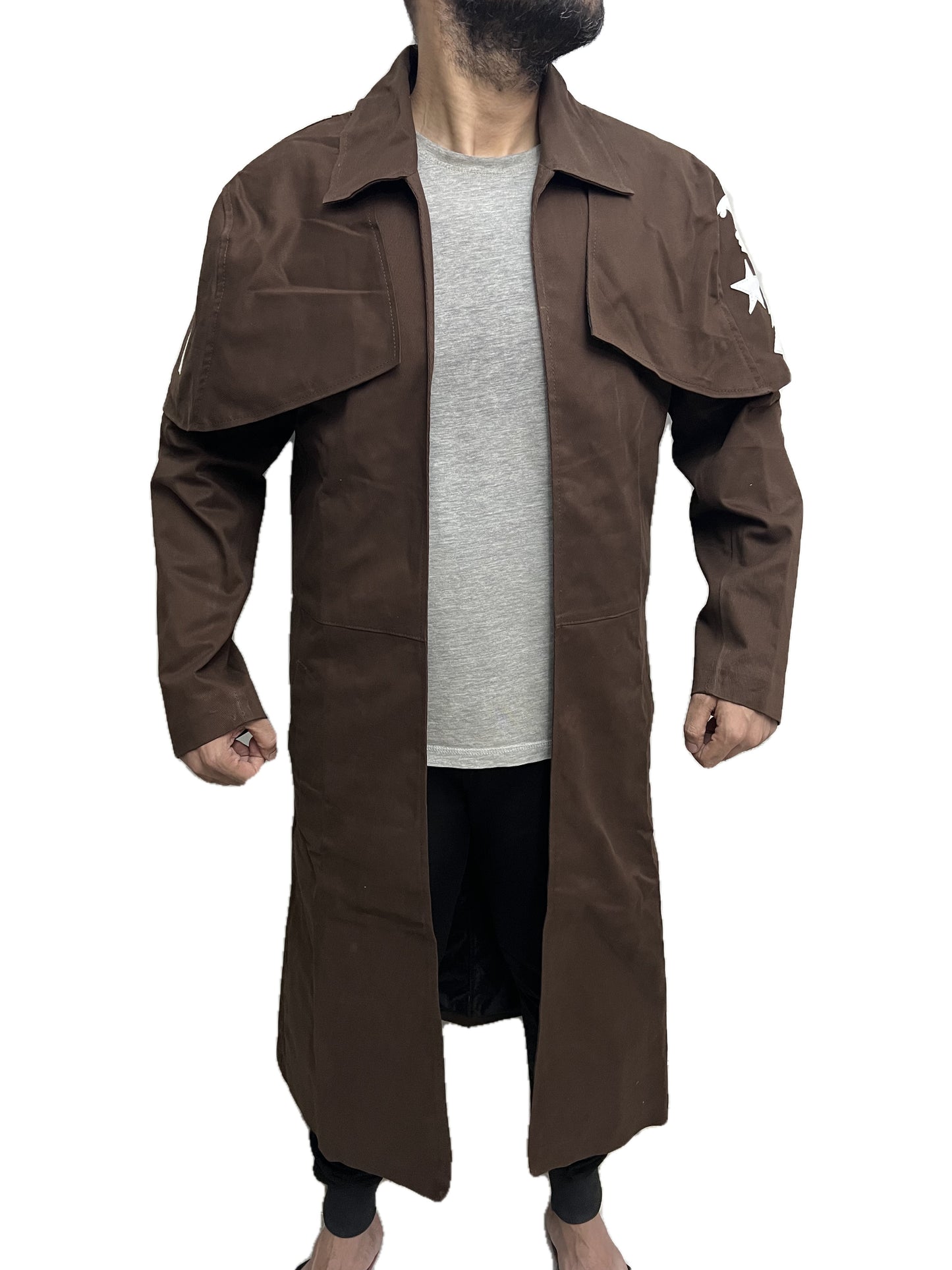 Fallout New Vegas NCR Ranger Long Duster Cotton Coat front view with flap design and brown cotton fabric