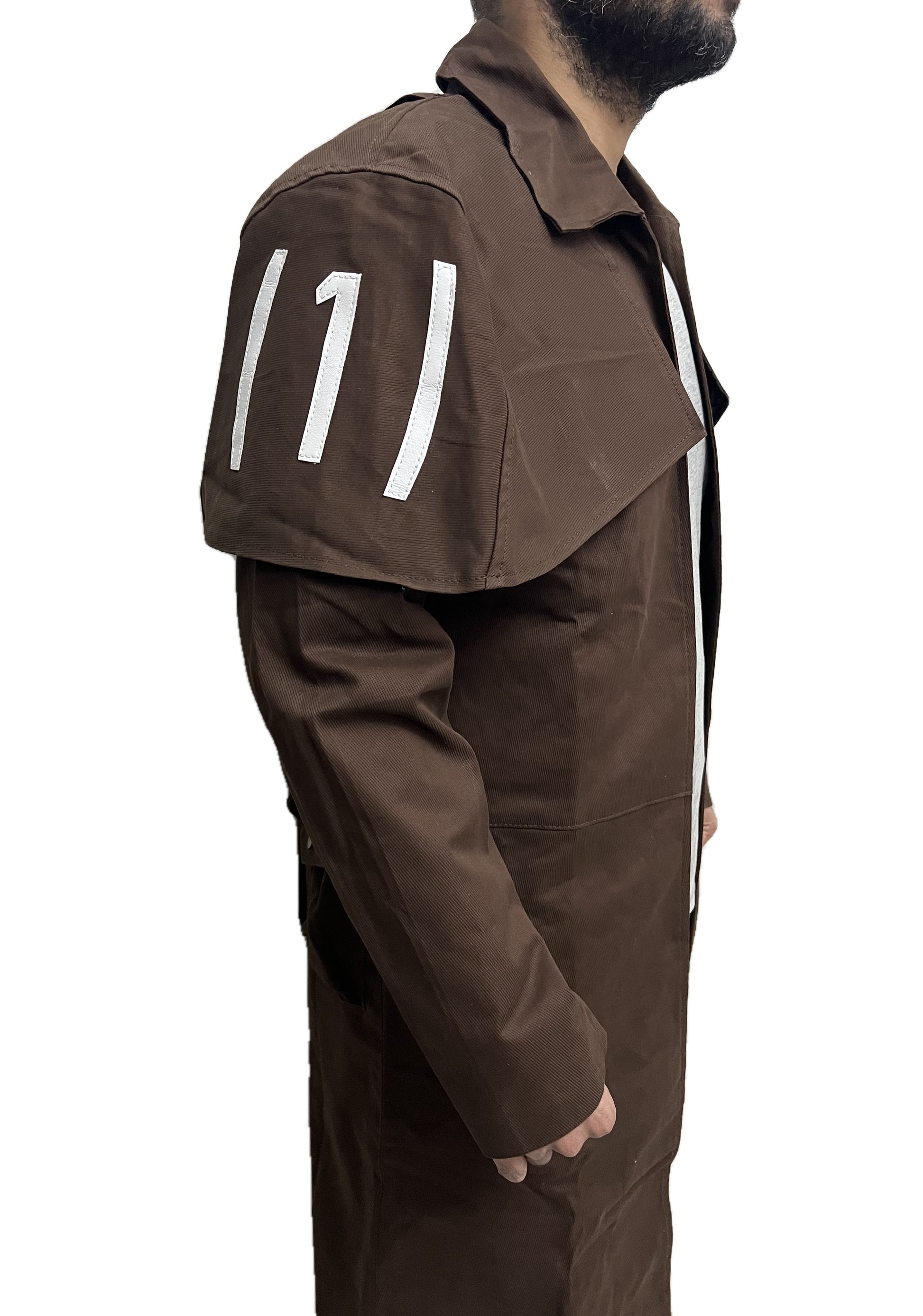 Fallout NCR Ranger Duster Coat side view showing sleeve number 11 in white patch