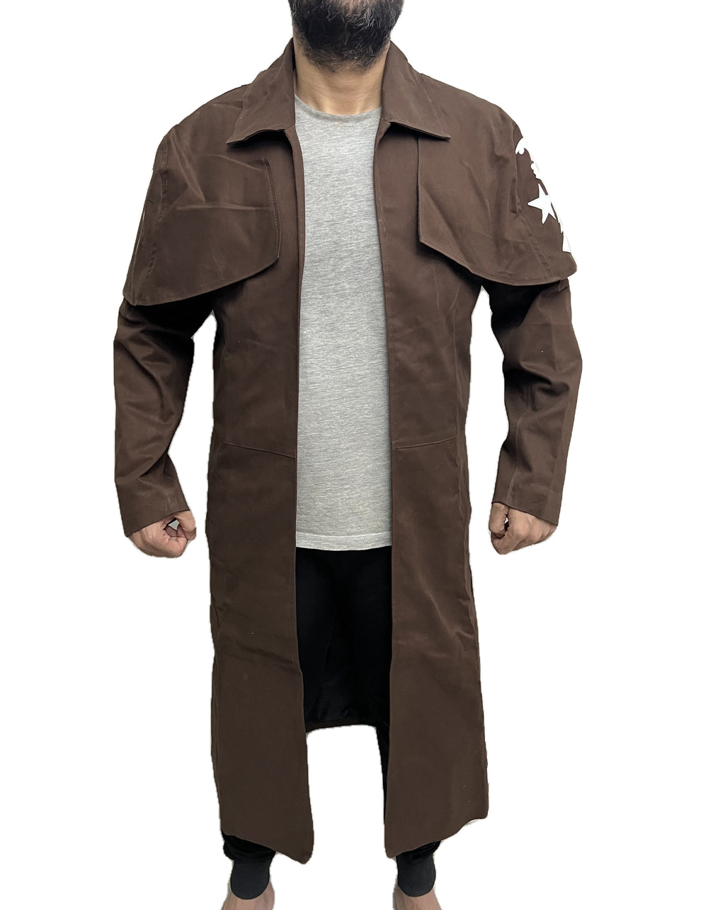 Fallout New Vegas NCR Ranger Long Duster Cotton Coat front view with flap design and brown cotton fabric front view