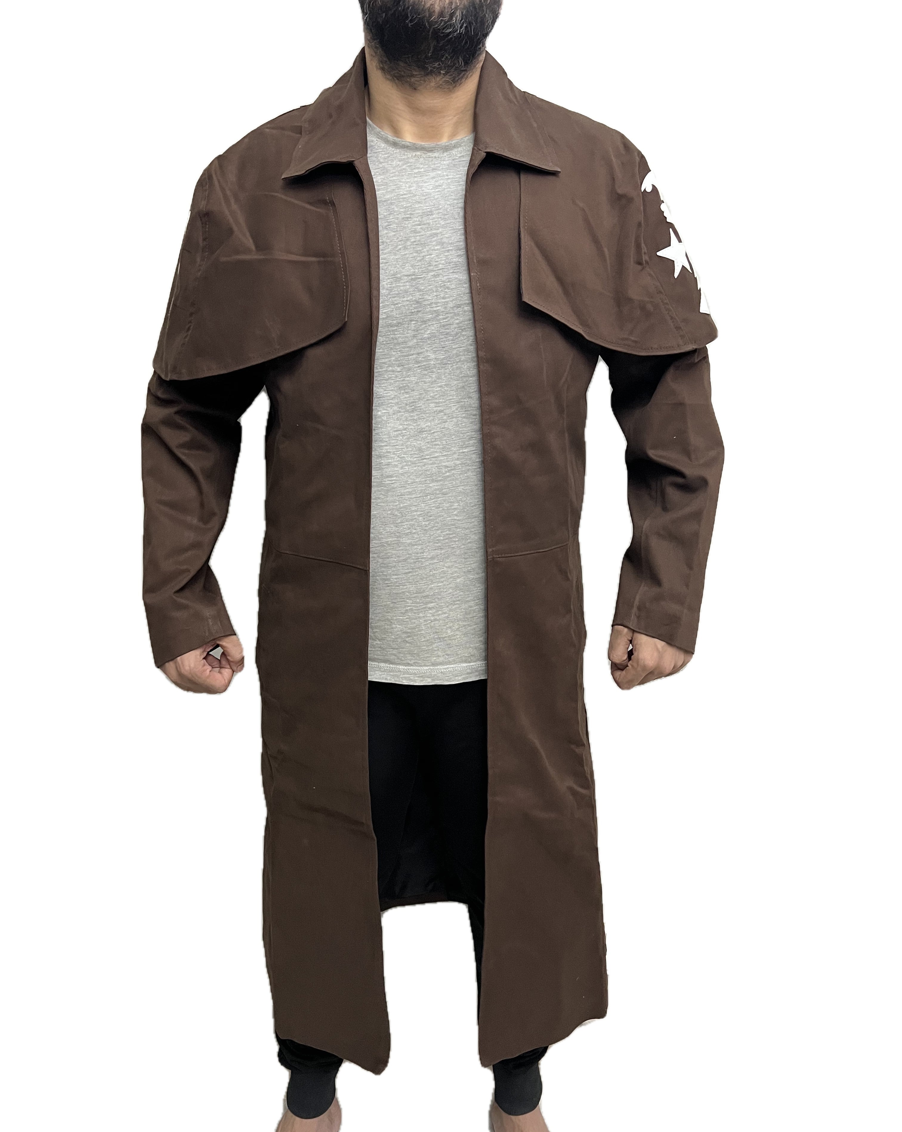 Fallout New Vegas NCR Ranger Long Duster Cotton Coat front view with flap design and brown cotton fabric front view
