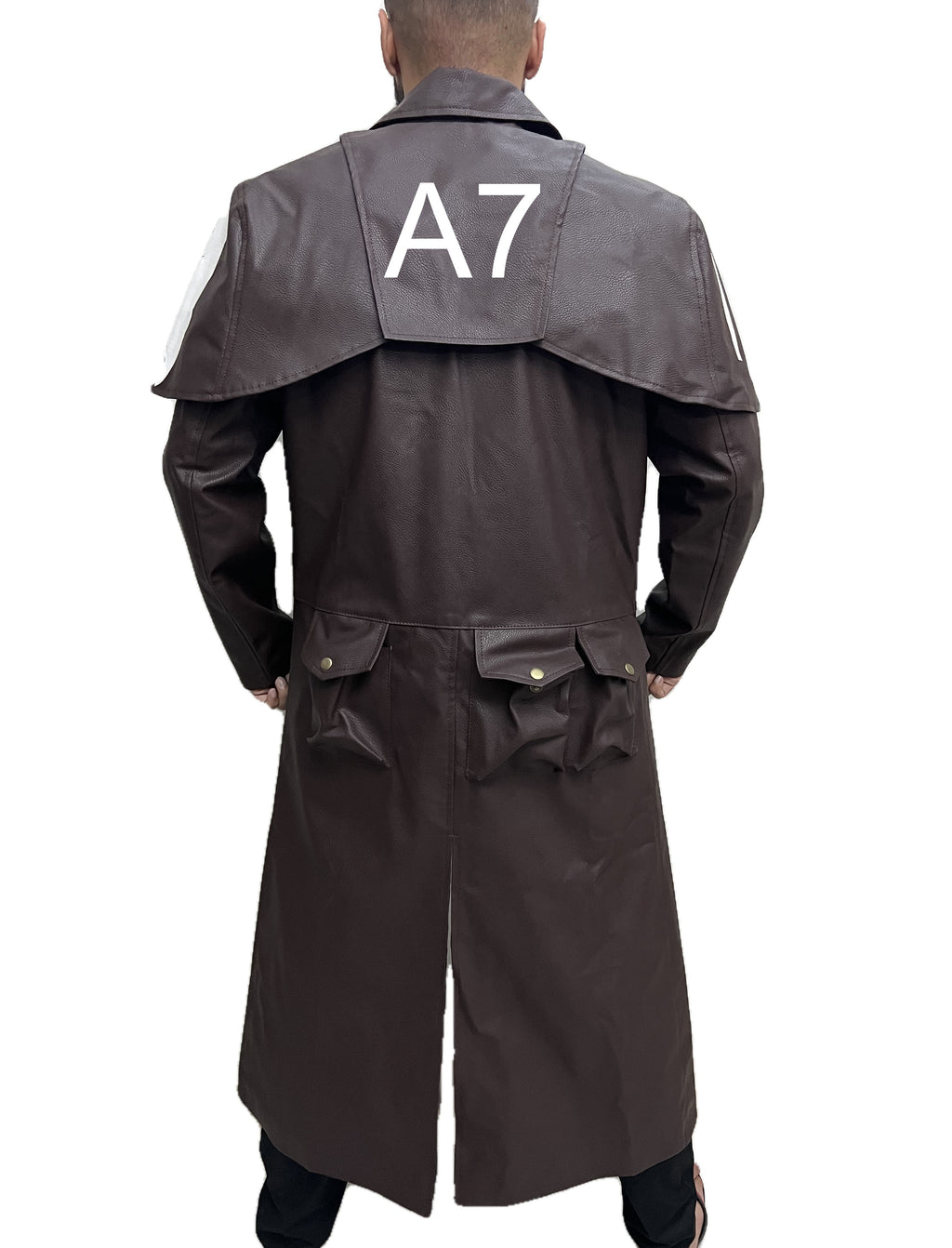 Back View of Fallout New Vegas NCR Ranger A7 Brown Duster Coat with A7 Patch – Vegan Leather Jacket