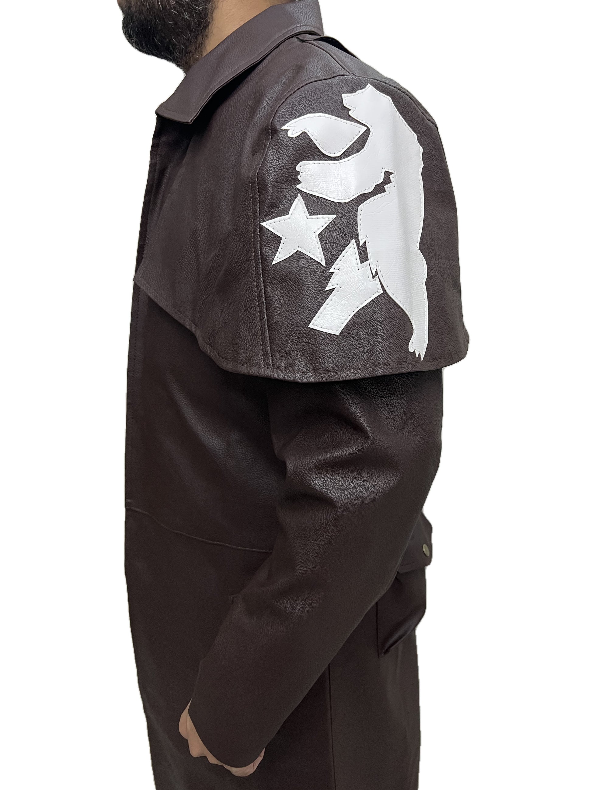 Fallout New Vegas NCR Ranger A7 Duster Coat Shoulder Patch – White Bear and Star Design on Brown Vegan Leather