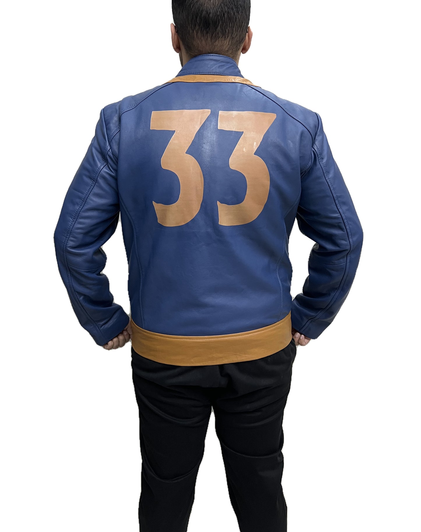 Fallout VAULT 33 Lucy Bomber Leather Jacket back view with large 33 number design in tan over blue premium leather