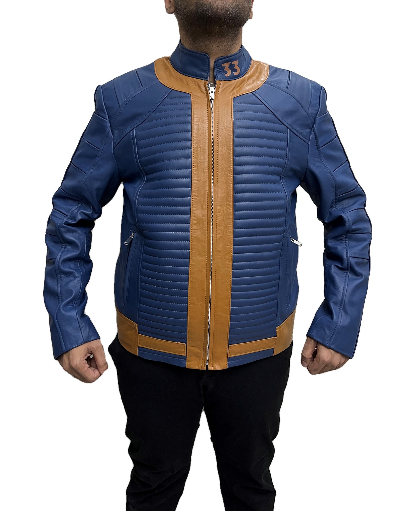 Fallout VAULT 33 Lucy Bomber Leather Jacket front view in blue and tan leather with ribbed padding and zipper closure