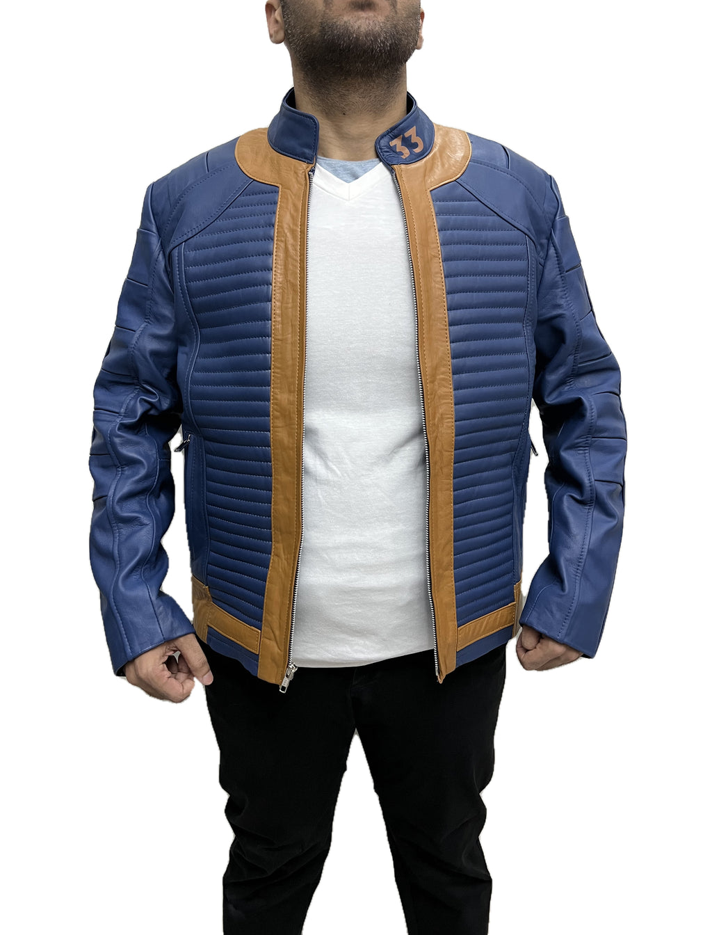 Fallout VAULT 33 Lucy Bomber Leather Jacket front view with zipper open showing interior design in blue and tan leather