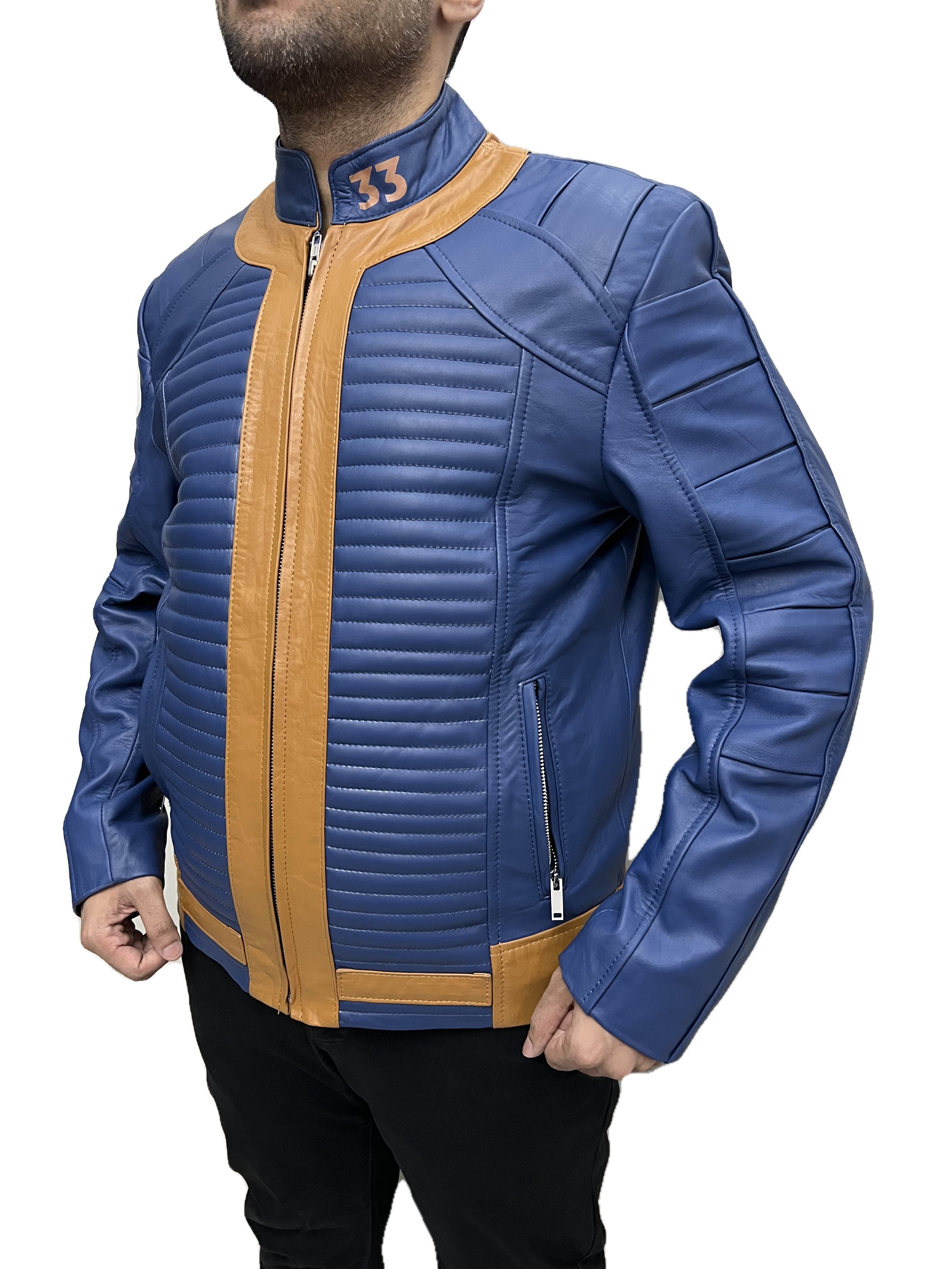 Fallout VAULT 33 Lucy Bomber Leather Jacket side view in blue and tan premium leather with ribbed detailing and fitted bomber style