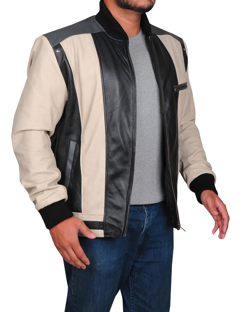 Ferris Bueller Matthew Broderick Day Off Leather Jacket front side on model – beige and black real leather bomber style