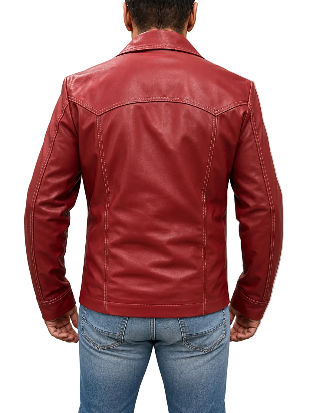 Back view of Fight Club Tyler Durden real leather jacket coat featuring detailed panel stitching and smooth red leather texture