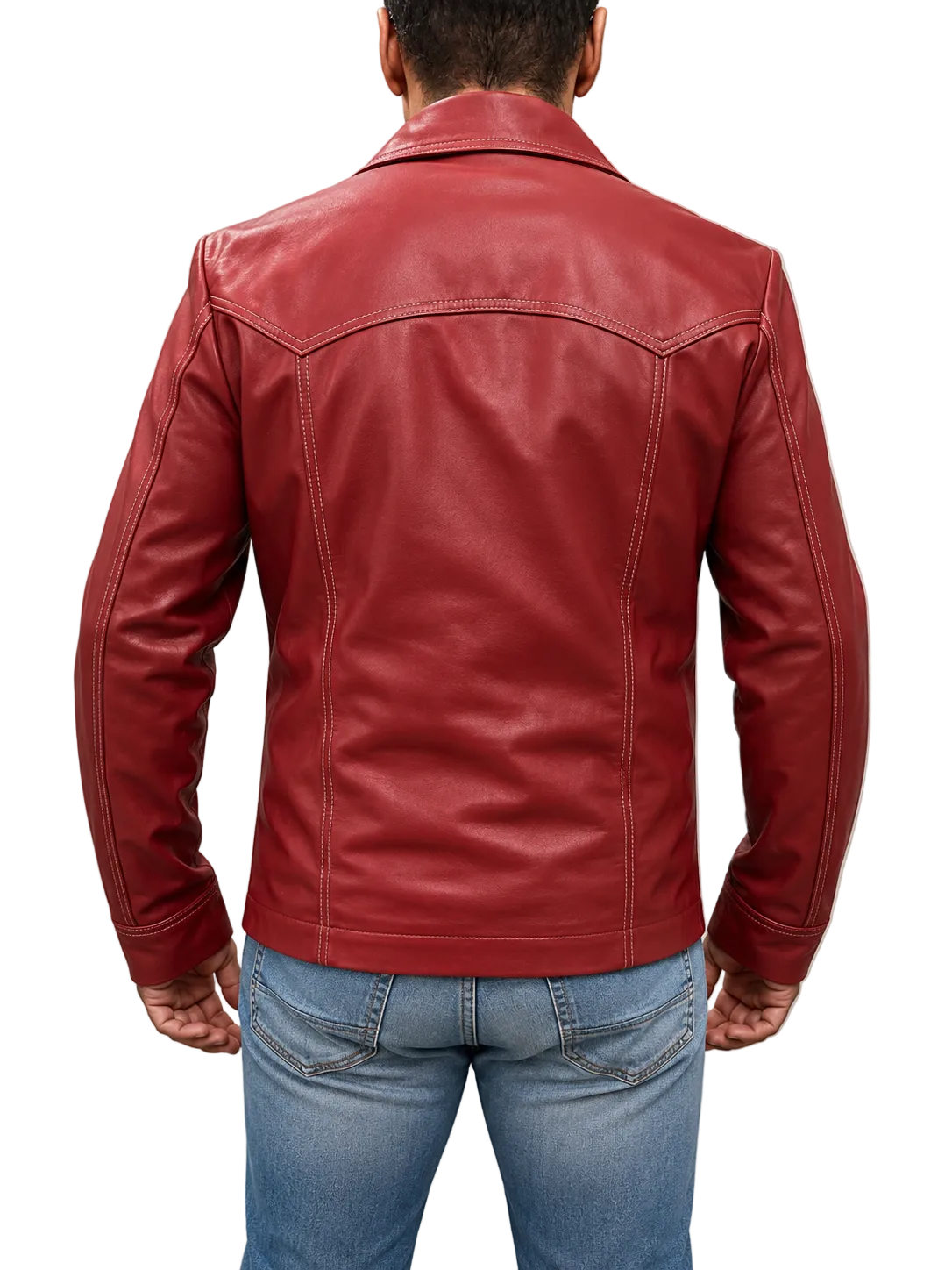 Back view of Fight Club Tyler Durden real leather jacket coat featuring detailed panel stitching and smooth red leather texture