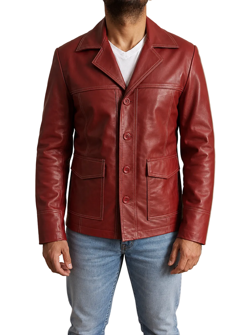 Fight Club Tyler Durden red leather jacket buttoned front view showing premium stitching and movie accurate design.