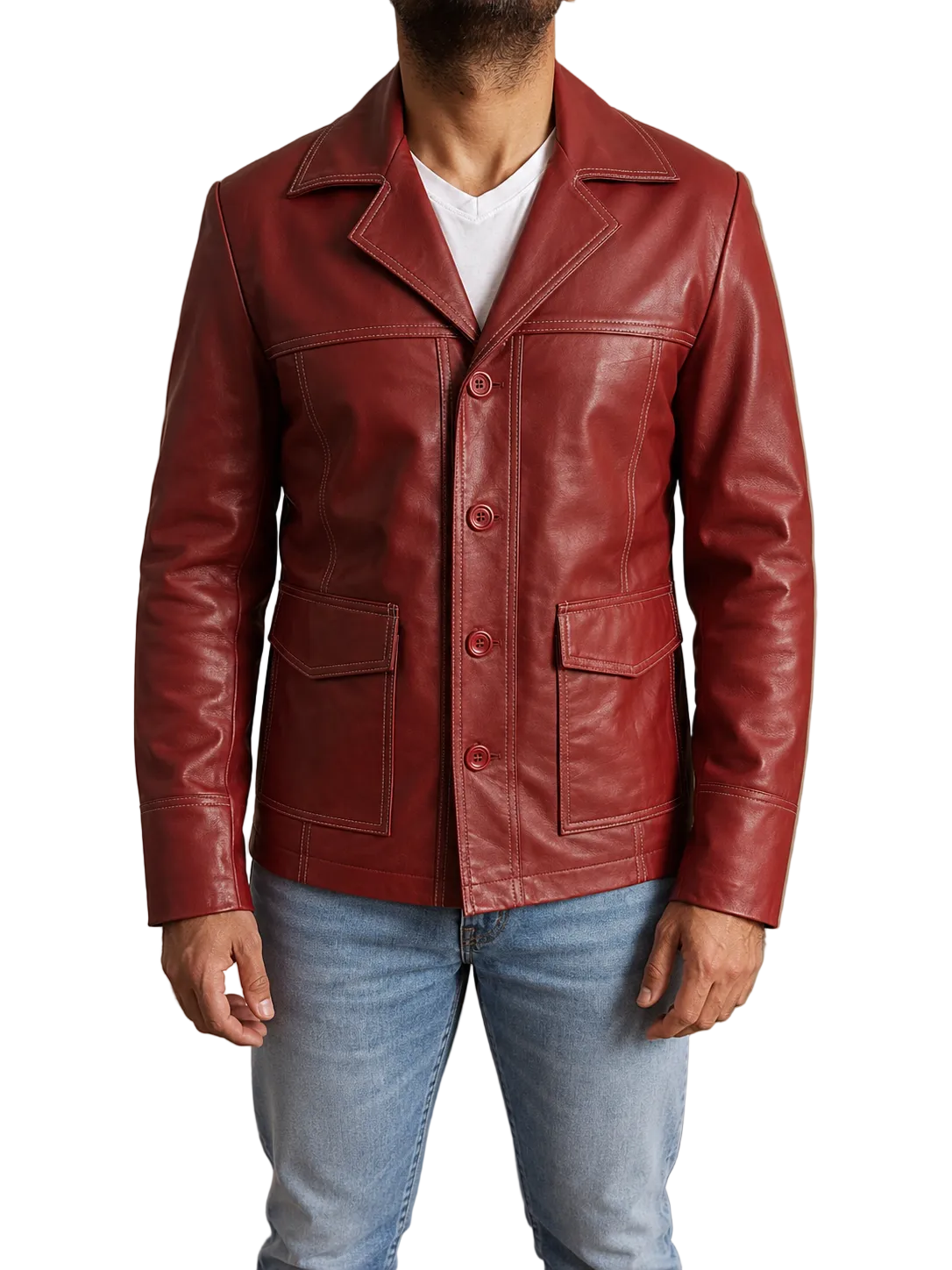 Fight Club Tyler Durden red leather jacket buttoned front view showing premium stitching and movie accurate design.