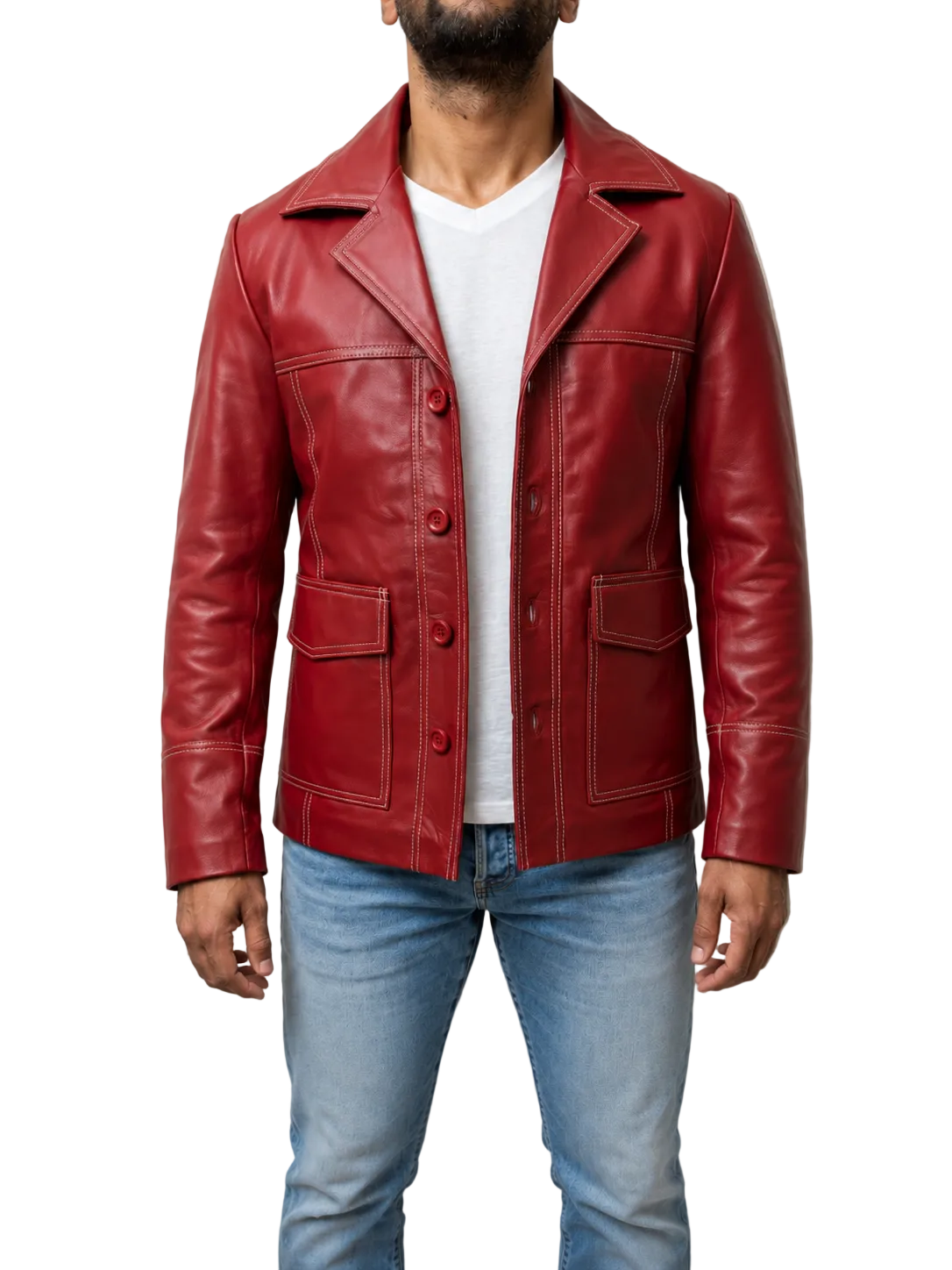 Fight Club Tyler Durden red real leather jacket front view with lapel collar, button closure and patch pockets