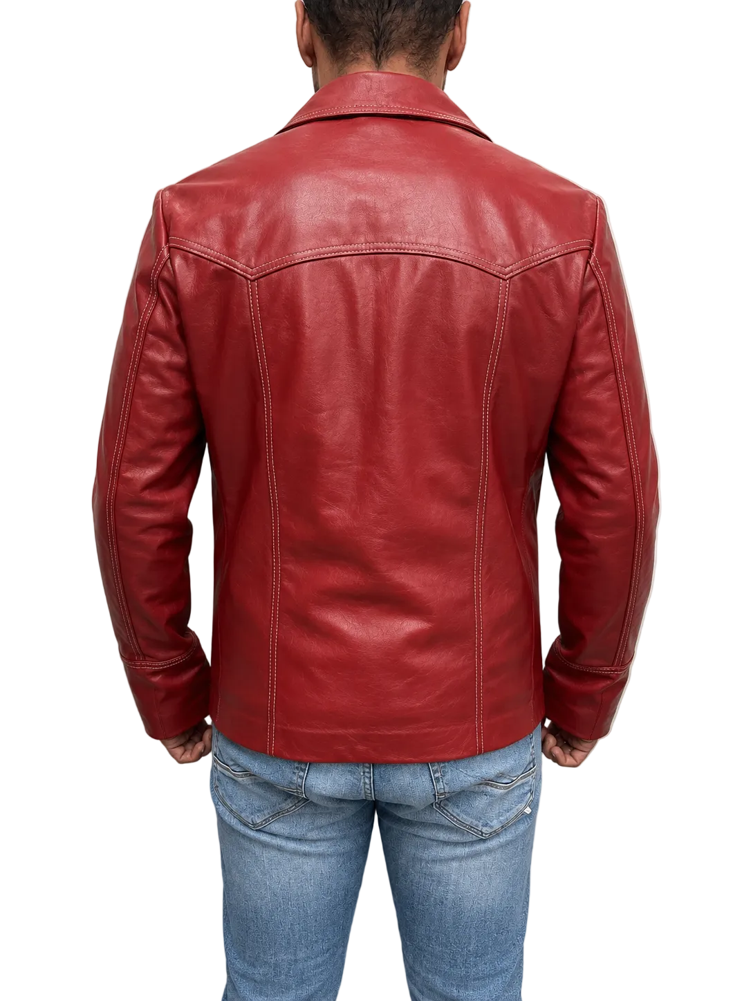 Back view of Fight Club Tyler Durden red real leather jacket featuring stitched panel detailing and classic leather finish