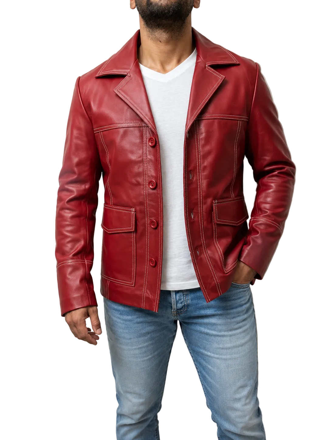 Fight Club Tyler Durden Brad Pitt inspired red leather jacket shown from the front with lapel collar and vintage styling