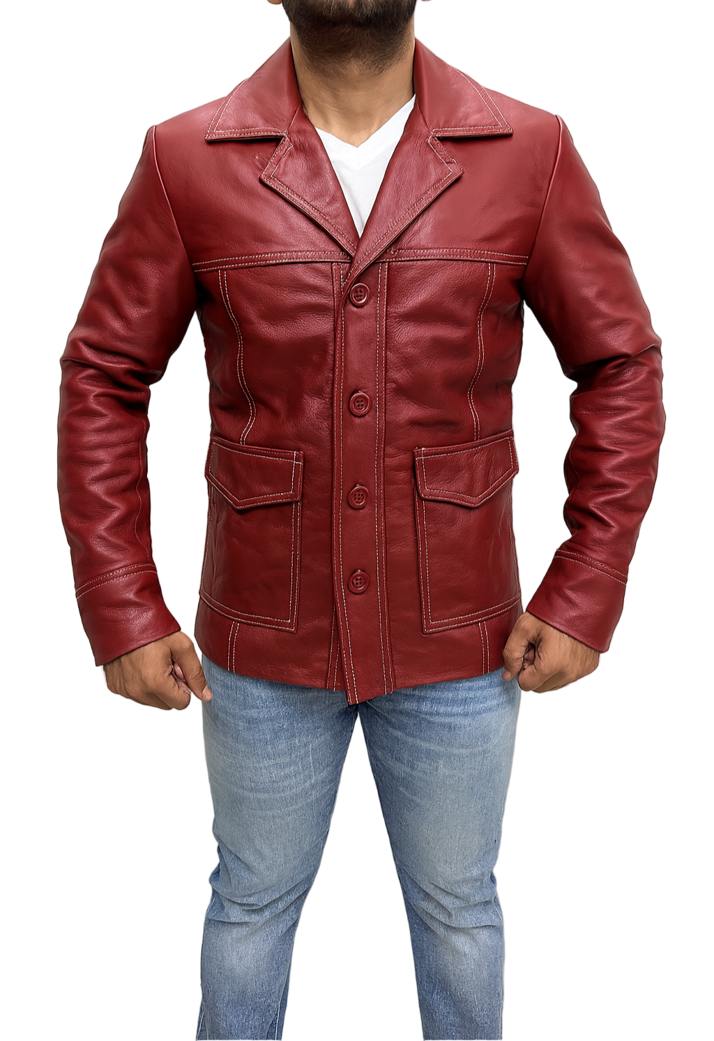 Fight Club Tyler Durden red leather jacket buttoned front view showing premium stitching and movie-accurate design.