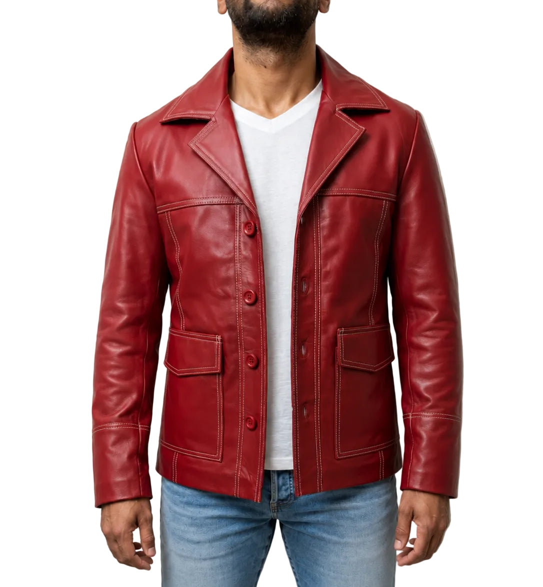 Fight Club Tyler Durden red real leather jacket front view with lapel collar, button closure and patch pockets