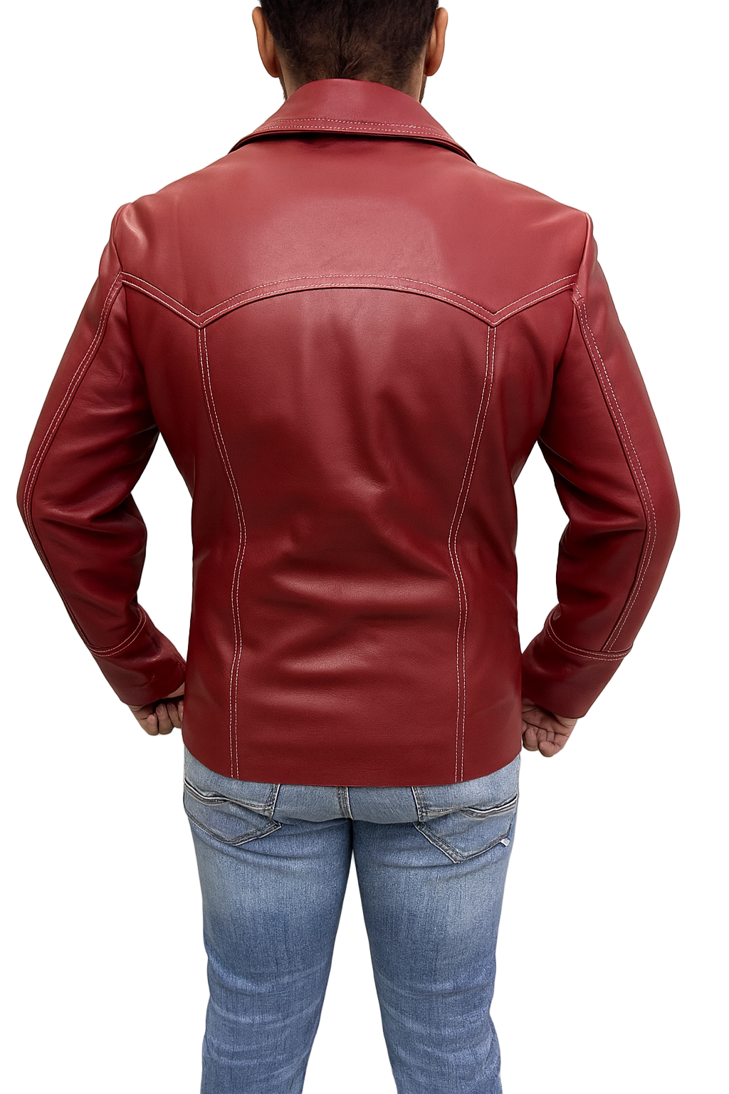 Back view of Fight Club Tyler Durden real leather jacket coat featuring detailed panel stitching and smooth red leather texture