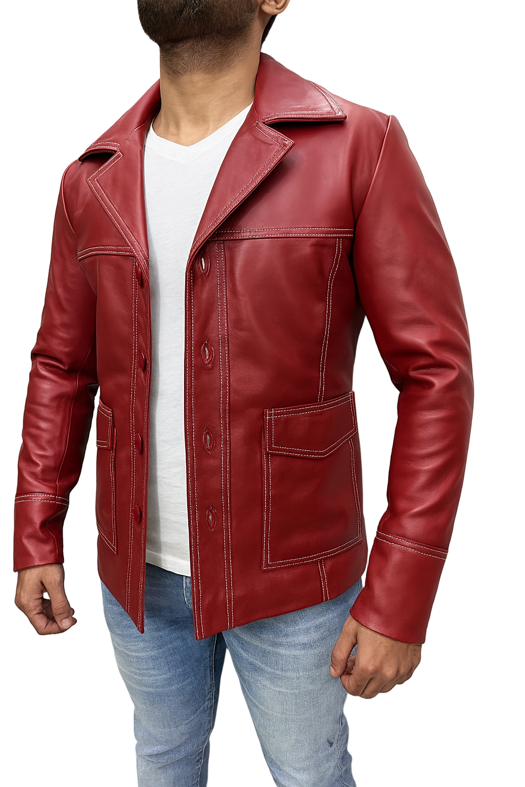 Side angle of Fight Club Brad Pitt Tyler Durden red leather coat made from real leather with classic notch collar and front pockets.