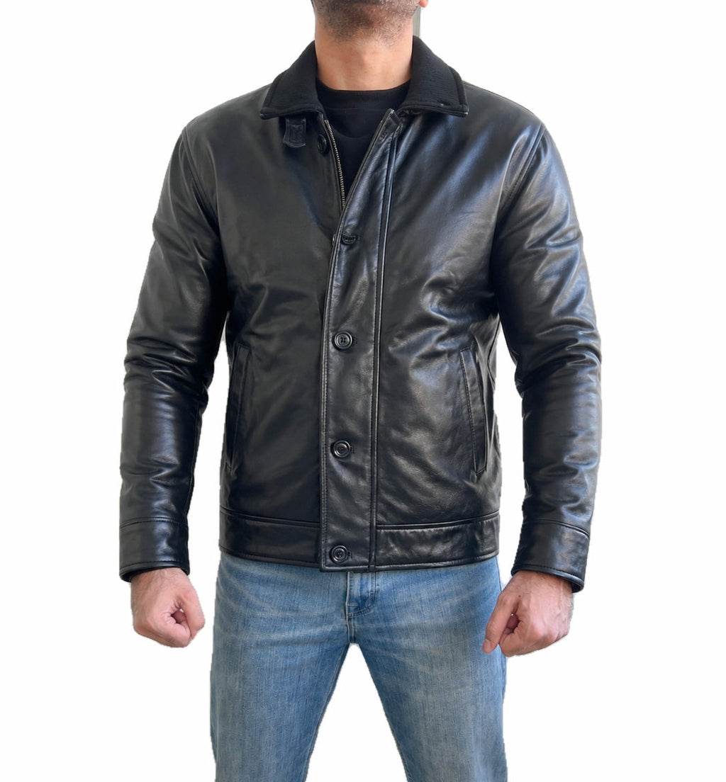 Front view of First Light 007 James Bond video game classic black real leather jacket for men