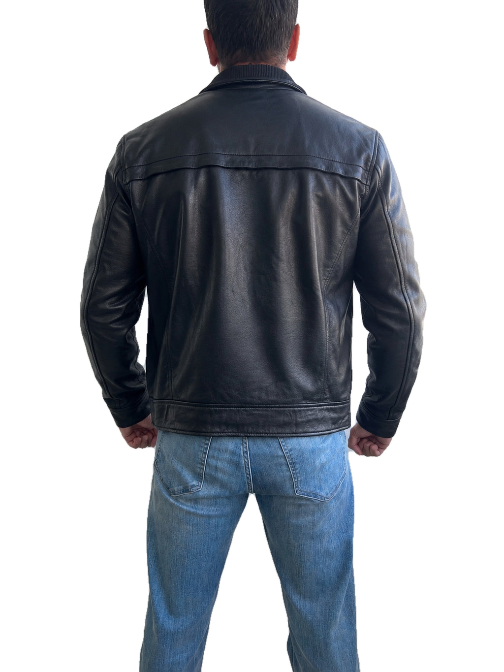 Back view of First Light 007 James Bond black real leather jacket showing clean panel stitching