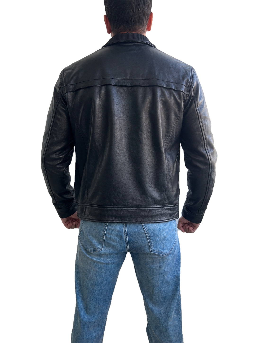Back view of First Light 007 James Bond black real leather jacket showing clean panel stitching