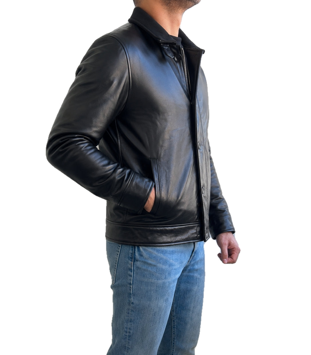 Side view of First Light 007 James Bond inspired black real leather jacket with pocket detail