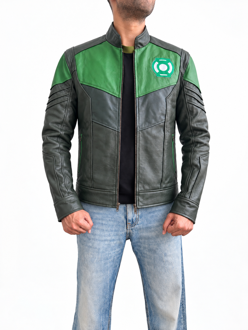 Hal Jordan Green Lantern moto biker leather jacket front zip open view