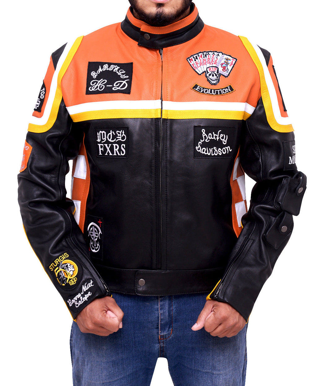 Front view of HDM Marlboro Man vintage biker leather jacket in orange and black with racing patches and zipper closure