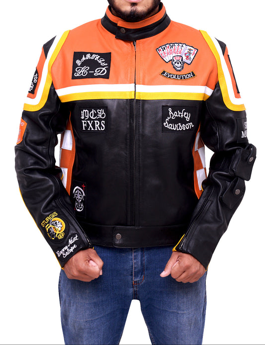 Front view of HDM Marlboro Man vintage biker leather jacket in orange and black with racing patches and zipper closure
