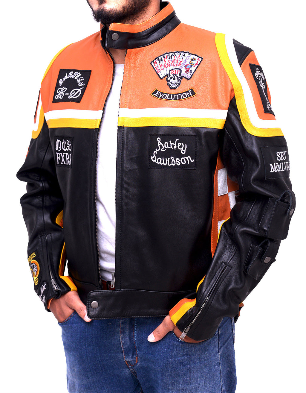 Side angle of HDM Marlboro Man classic biker jacket in real leather with embroidered FXRS patches and yellow trim