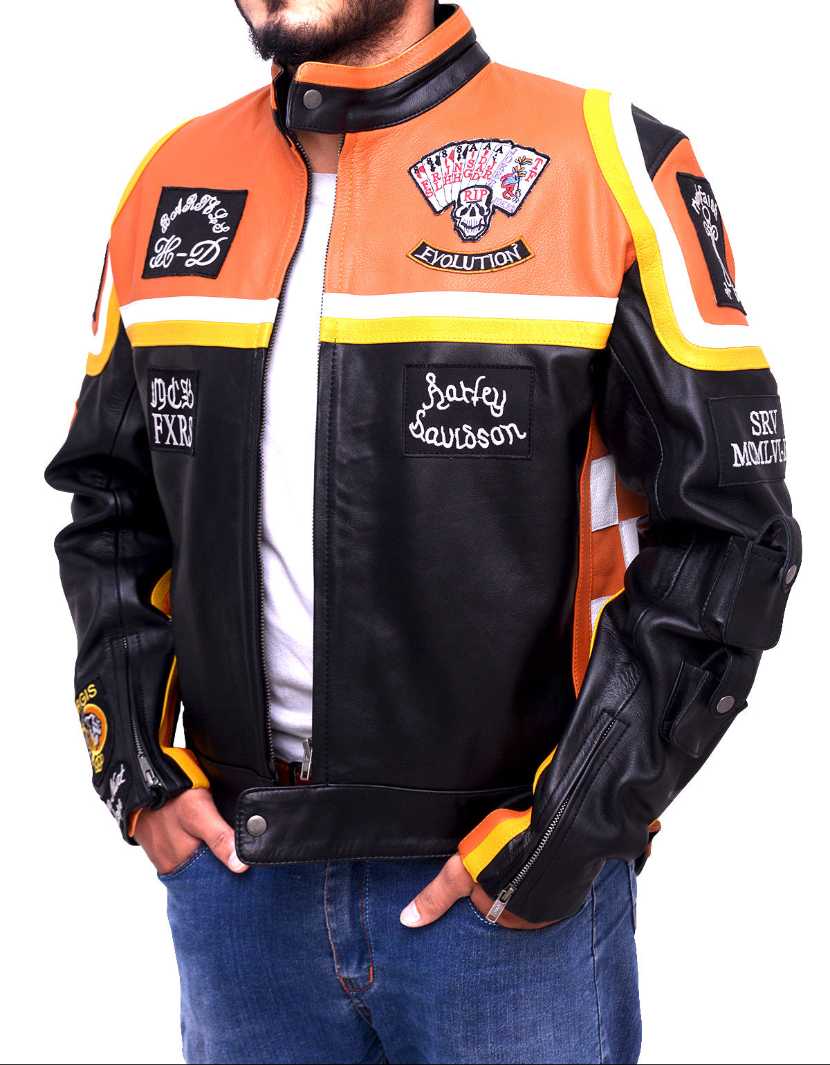 Side angle of HDM Marlboro Man classic biker jacket in real leather with embroidered FXRS patches and yellow trim